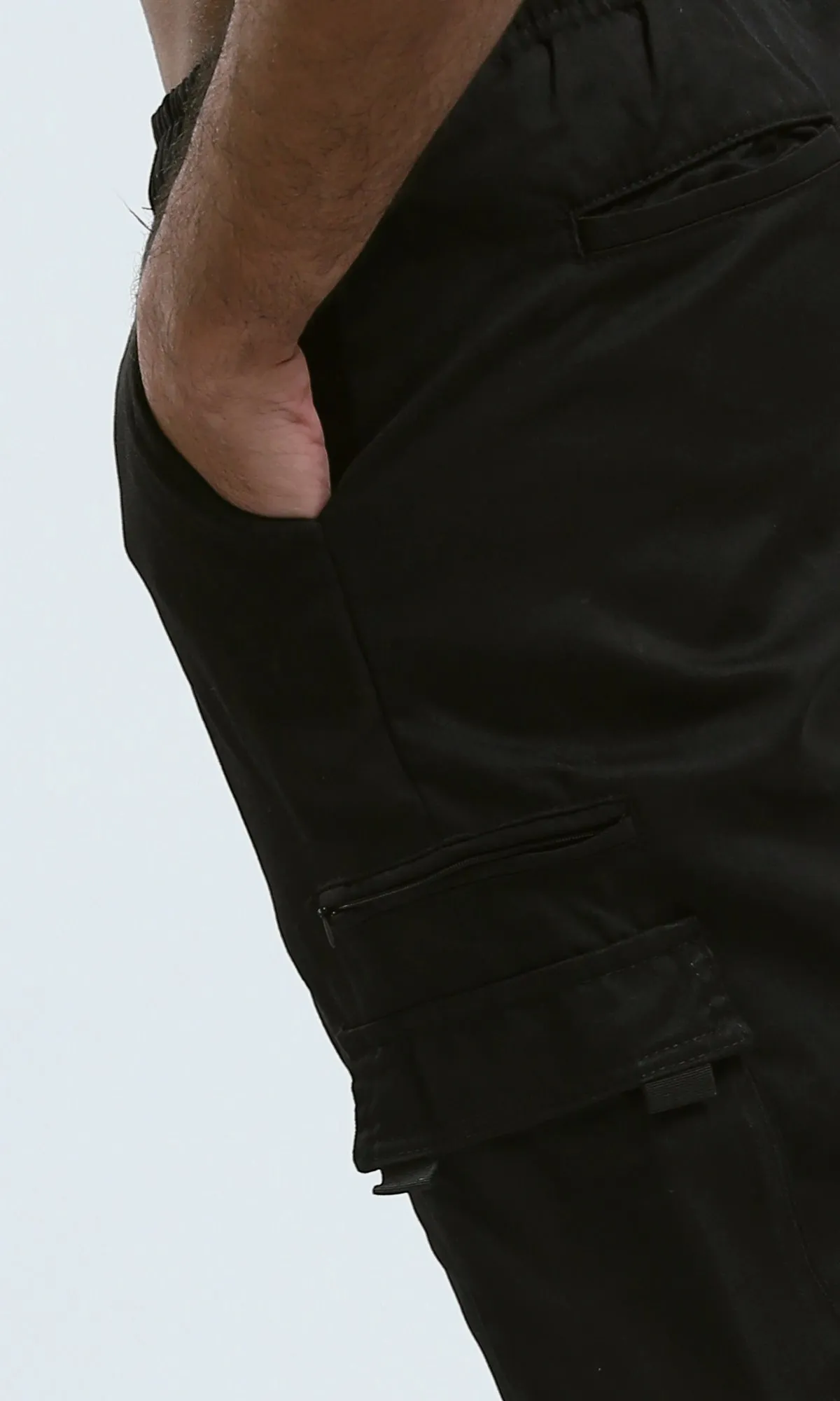 O174044 Slip On Solid Black Jogger Pants With Hem