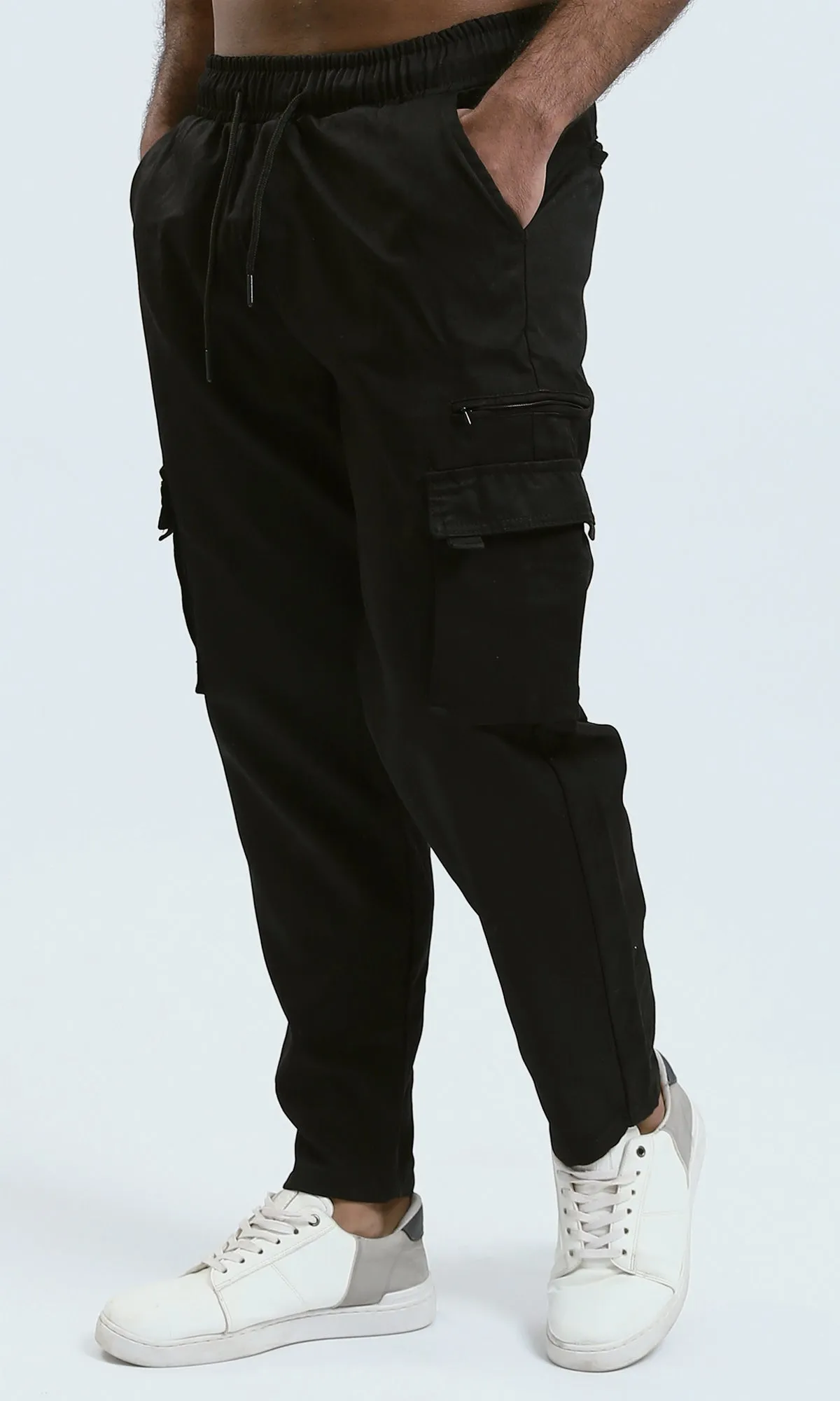 O174044 Slip On Solid Black Jogger Pants With Hem