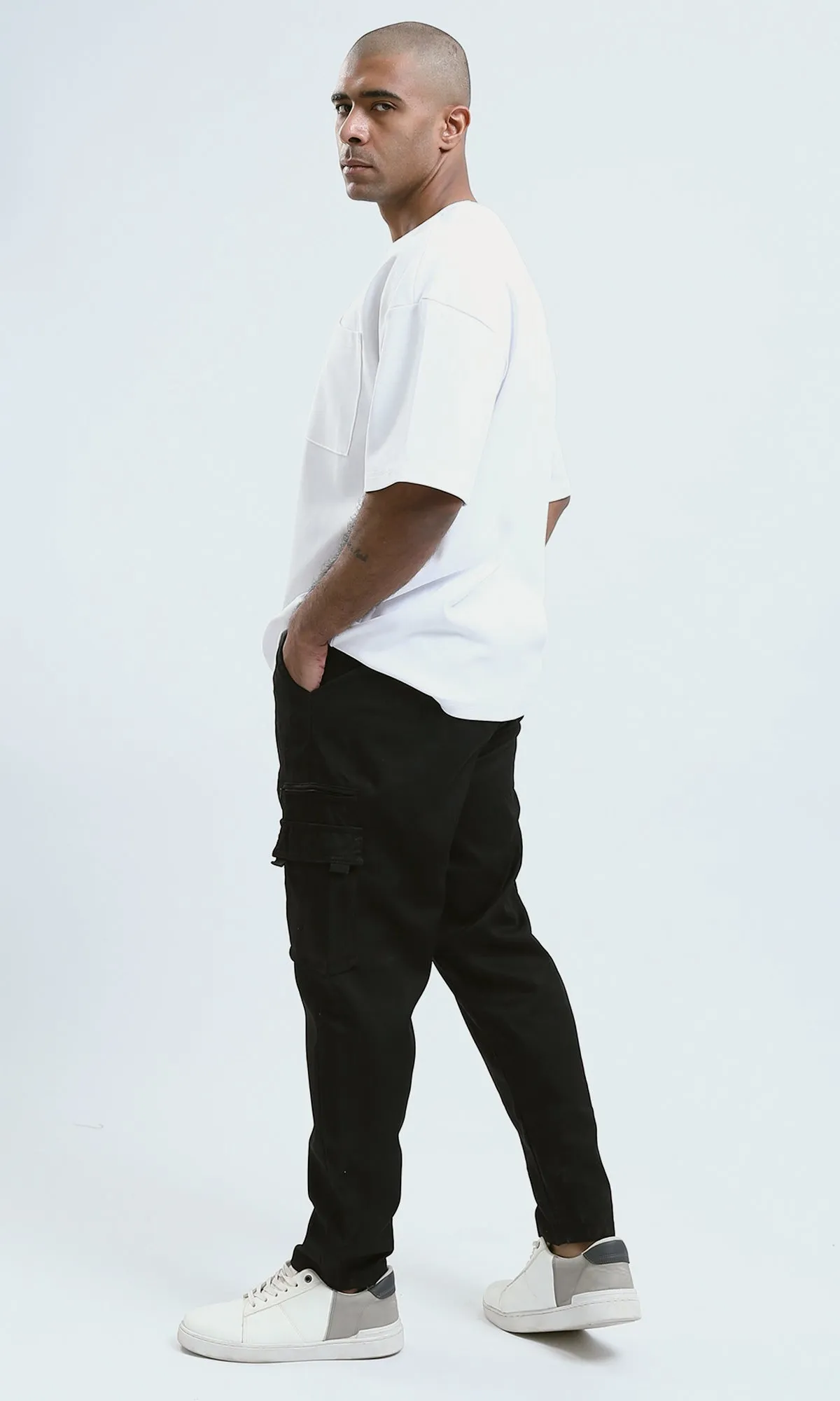 O174044 Slip On Solid Black Jogger Pants With Hem
