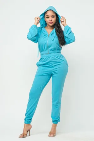 Ocean Blue French Terry Cropped Zip-up Hoodie Jogger Set