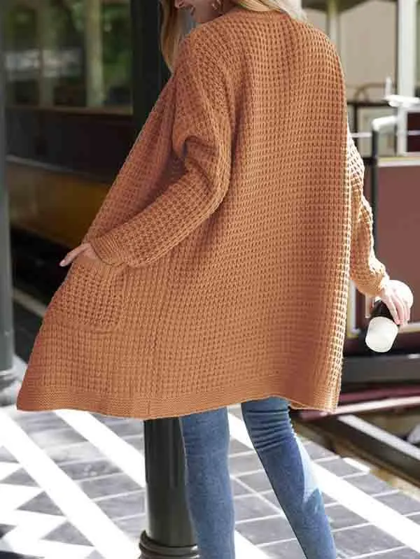 Open Front Waffle Knit Dolman Sleeve Cardigan Sweater For Women