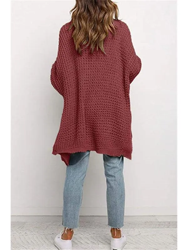 Open Front Waffle Knit Dolman Sleeve Cardigan Sweater For Women