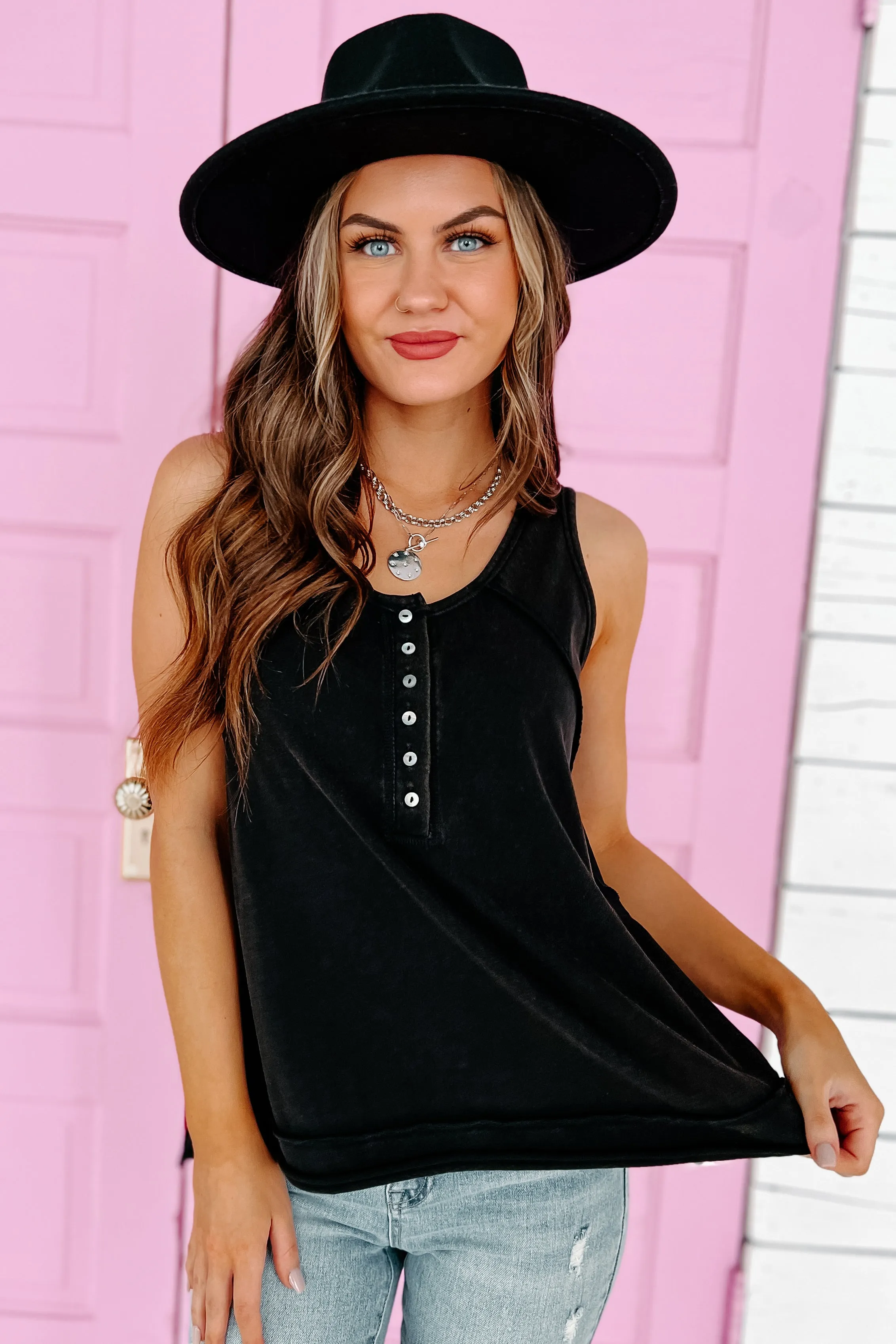 Over The Ridge Oversized Button-Detailed Tank Top (Black)