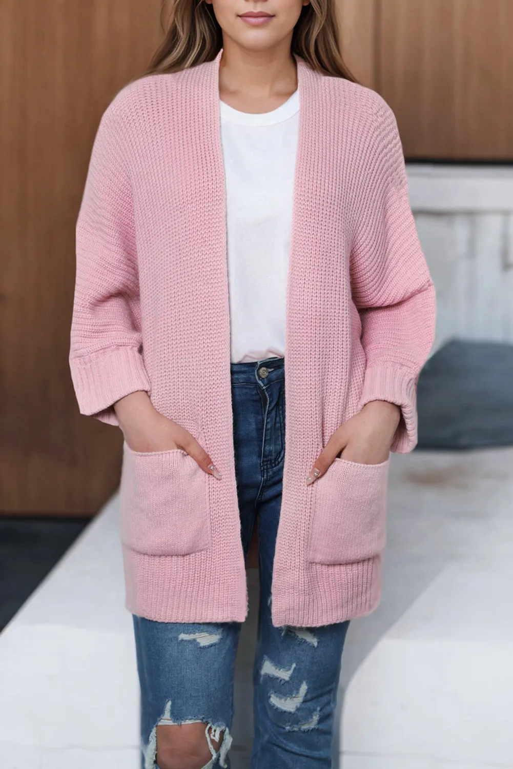 Pink Oversized Fold Over Sleeve Open Front Cardigan