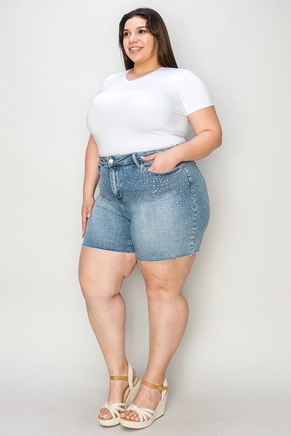 "Bling- Decor" High Waist Denim Shorts
