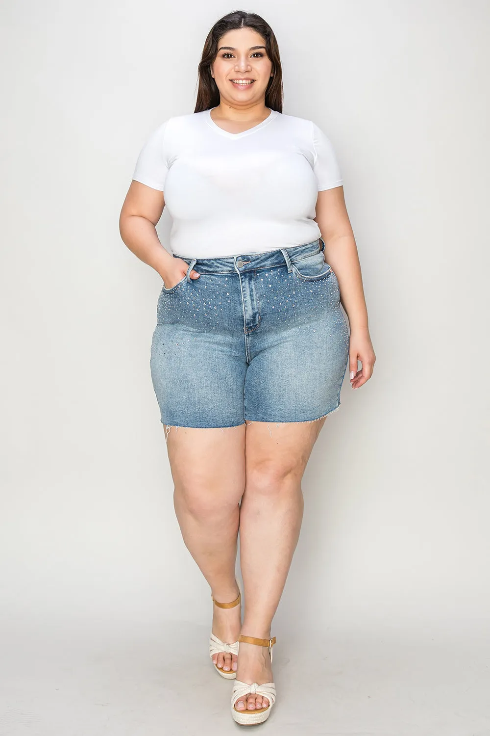 "Bling- Decor" High Waist Denim Shorts
