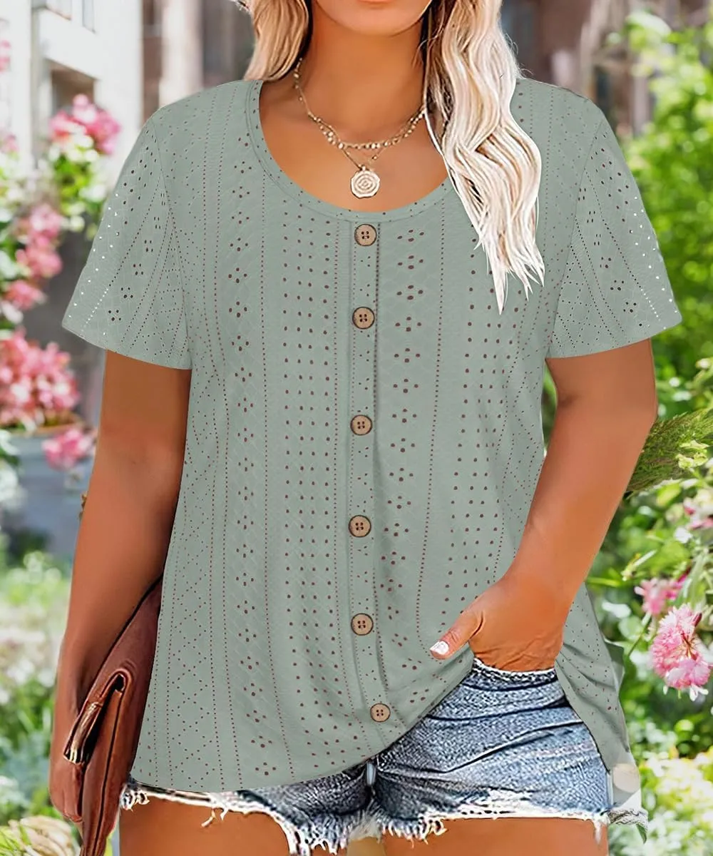 RITERA Plus Size Tops for Women Crewneck Neck with Button Up Short Sleeve Embroidery Henley Tshirt Casual Basic Shirt XL-5XL
