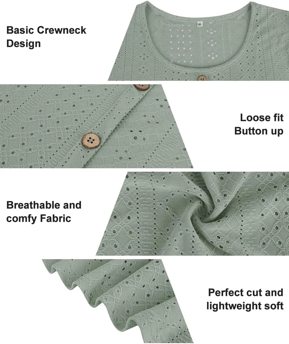 RITERA Plus Size Tops for Women Crewneck Neck with Button Up Short Sleeve Embroidery Henley Tshirt Casual Basic Shirt XL-5XL
