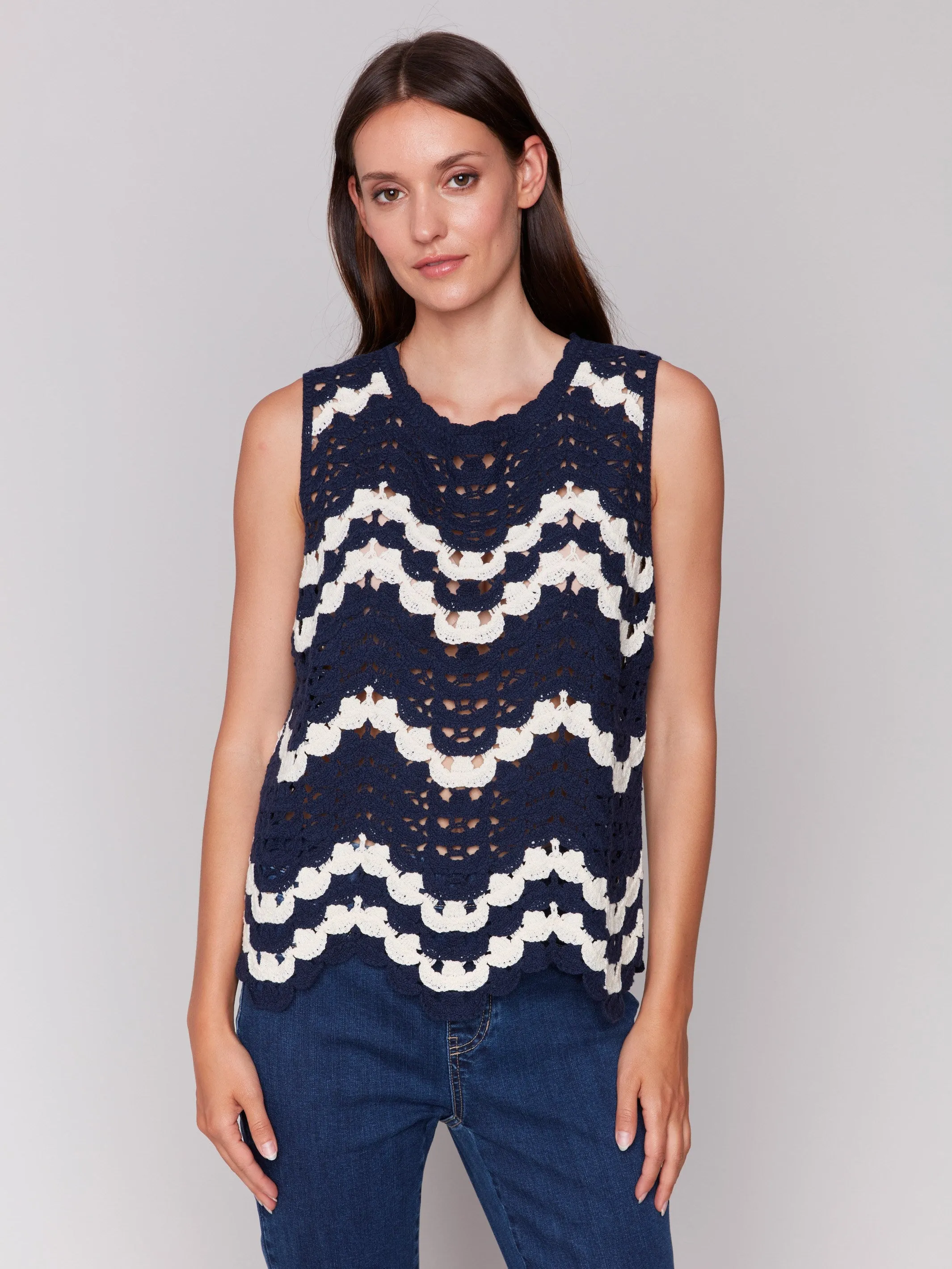 Sleeveless Crochet Crew Neck Top - Navy
