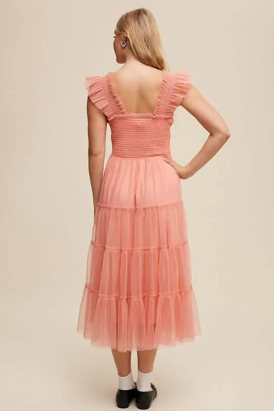 Smocked Ruffle Tiered Mesh Midi Maxi Dress