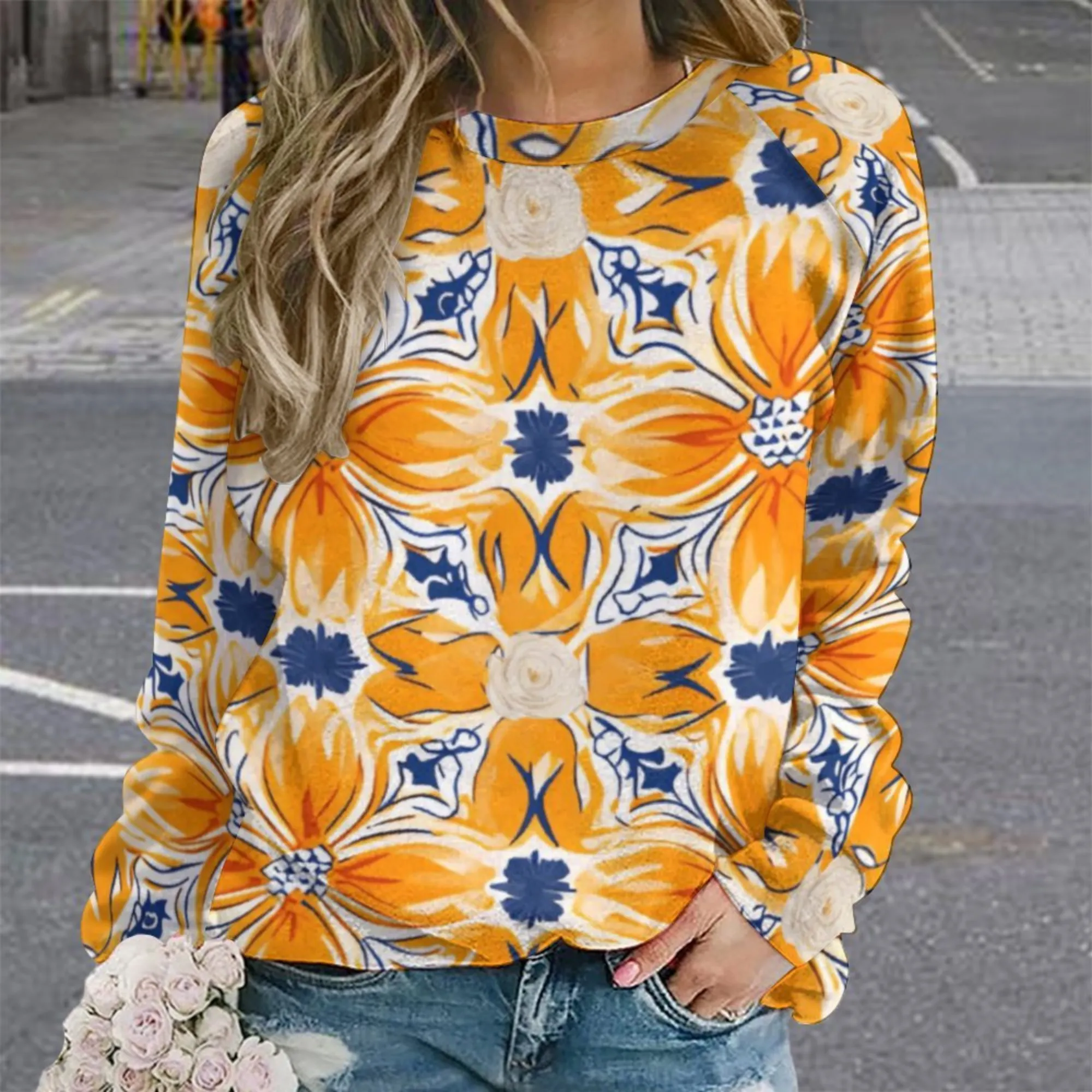 Spanish Marigold | Women's Raglan Crewneck Sweatshirt | Cozy Autumn & Winter Crewneck