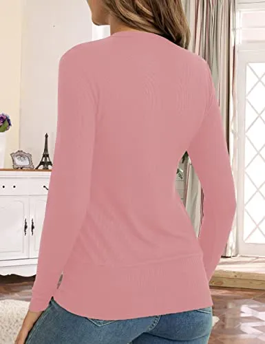 Traleubie Women's Long Sleeve V-Neck Maternity Button Down Shirts Cardigan Sweater Pink M