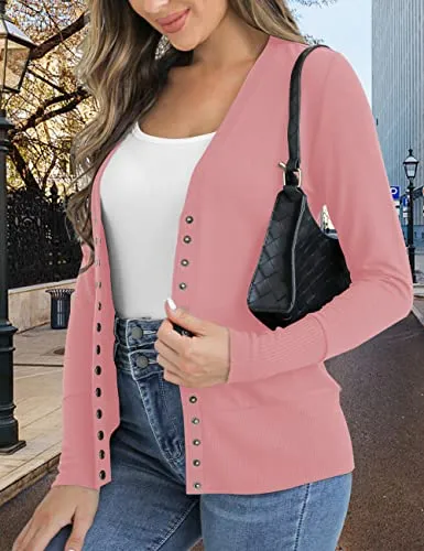 Traleubie Women's Long Sleeve V-Neck Maternity Button Down Shirts Cardigan Sweater Pink M