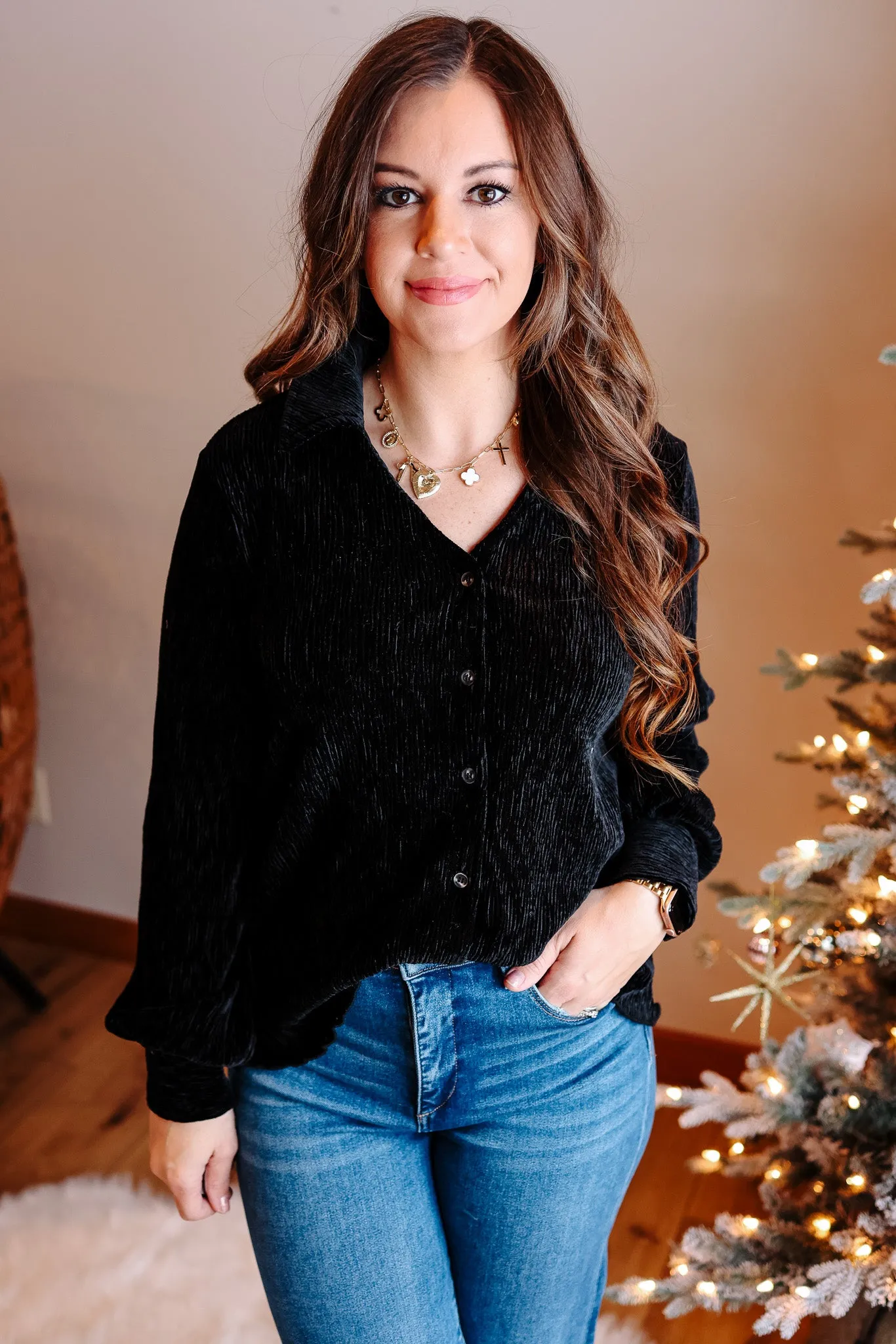 Vienna Crinkle Velvet Top - Black