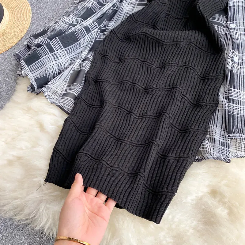 White Black Stripe Casual Shirt with Sweater Plaid Knitted Cardigan Dress | Women