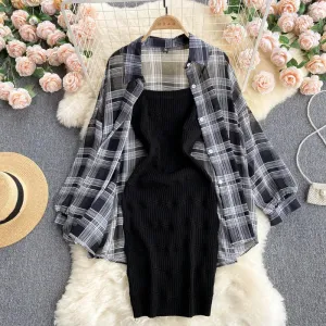 White Black Stripe Casual Shirt with Sweater Plaid Knitted Cardigan Dress | Women