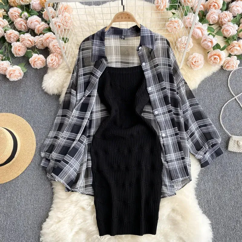 White Black Stripe Casual Shirt with Sweater Plaid Knitted Cardigan Dress | Women