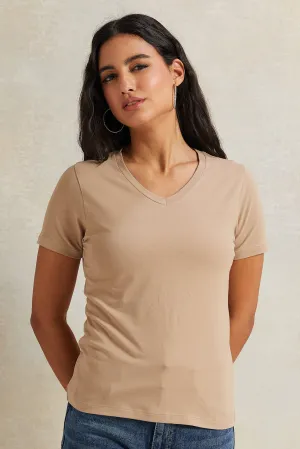 Women Beige Short Sleeve Basic T-Shirt