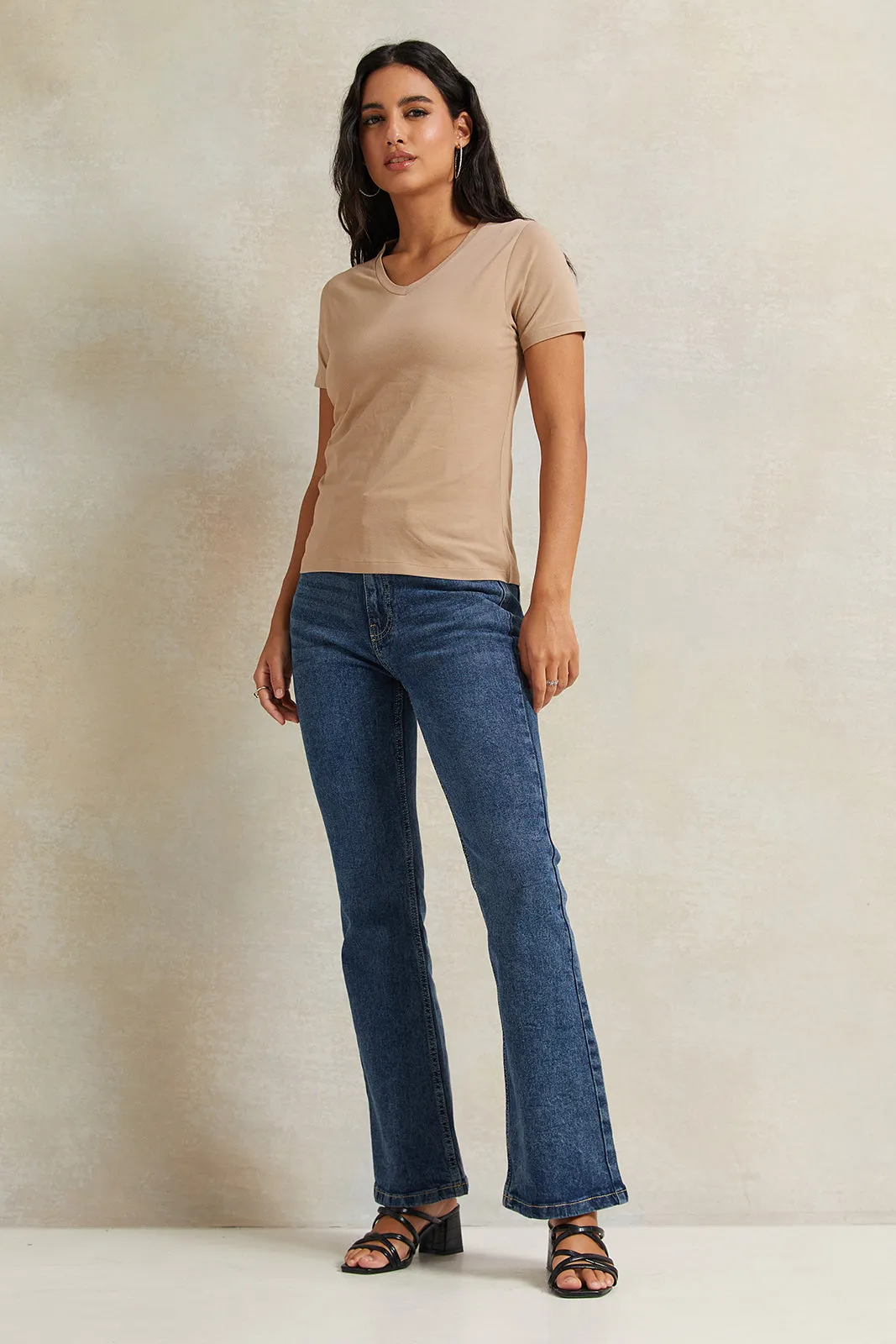 Women Beige Short Sleeve Basic T-Shirt