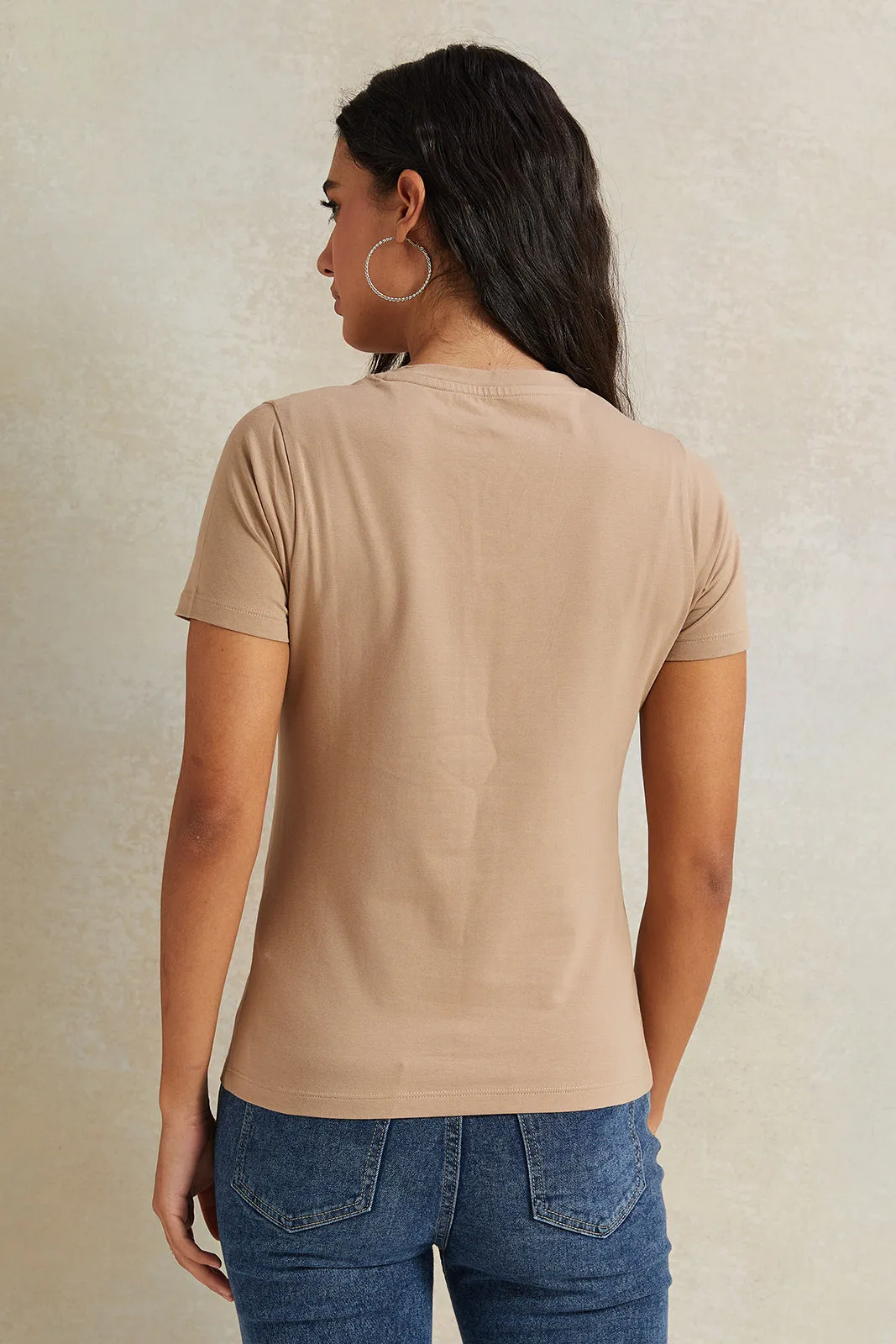 Women Beige Short Sleeve Basic T-Shirt