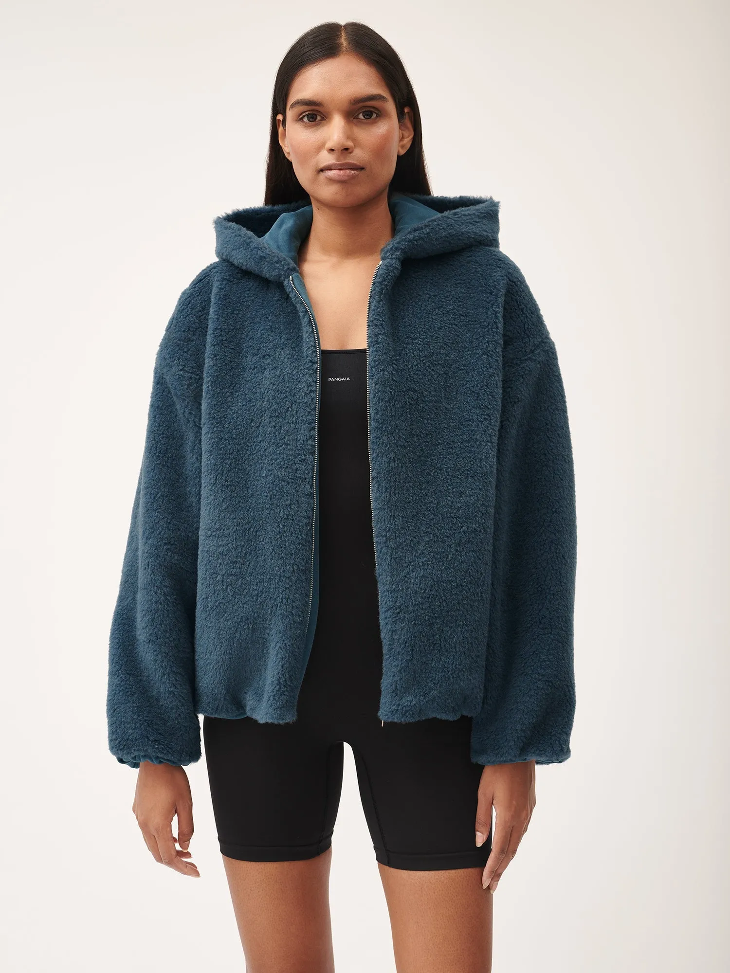 Womens Recycled Wool Fleece Reversible Bomber Jacket—storm blue